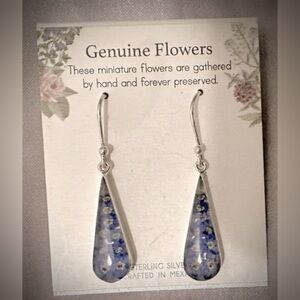 Genuine PRESSED FLOWERS STERLING SILVER and Blue DROP DANGLE EARRINGS